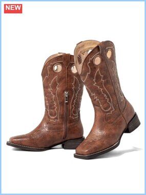 Wide Calf Western Cowboy Boots Square Toe Mid Calf Chunky Heel